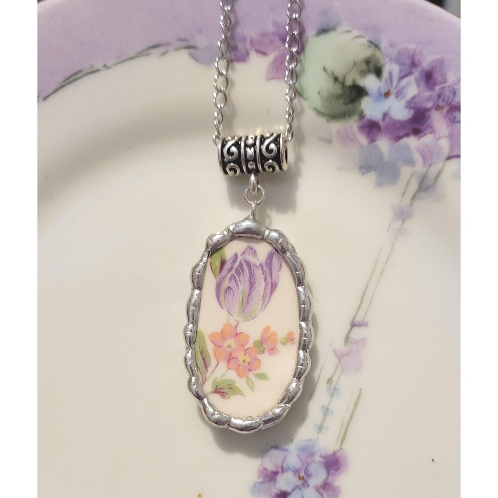 Broken China Homer Laughlin Purple Tulip Soldered Pendant Necklace